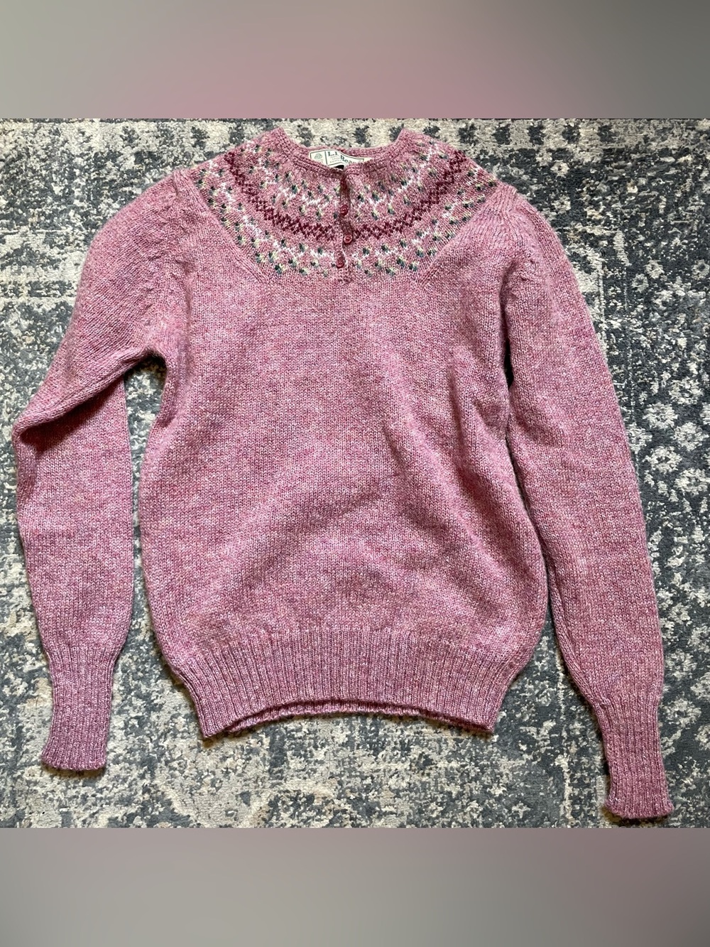 Vintage L.L. Bean Fair Isle Neckline 90s Pink Wool Pullover Sweater - Small/ XS